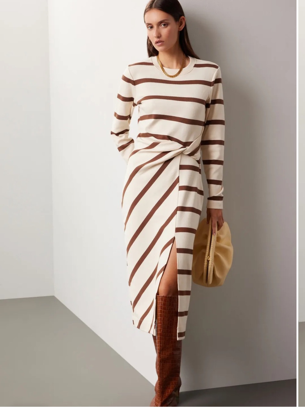 Tanya Taylor Cream and Brown Striped Knit Cody Dress medium